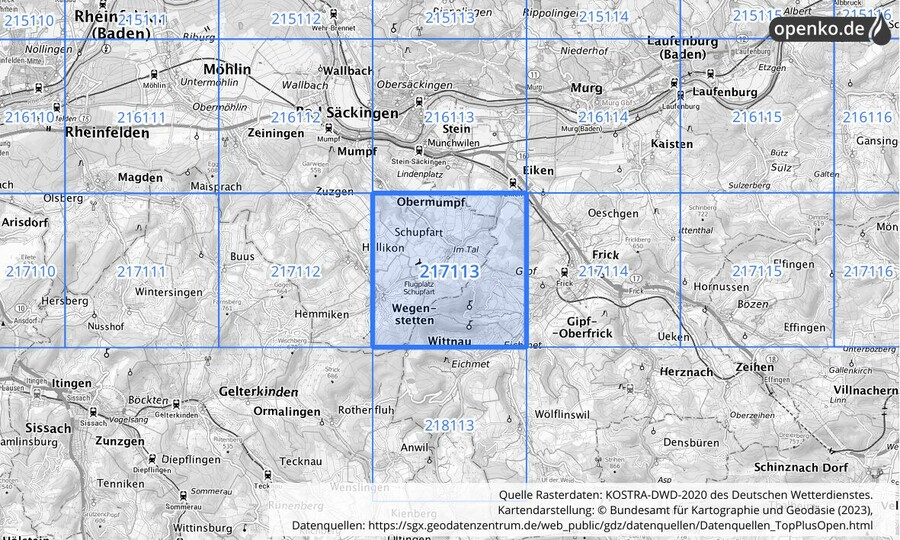 Übersichtskarte des KOSTRA-DWD-2020-Rasterfeldes Nr. 217113