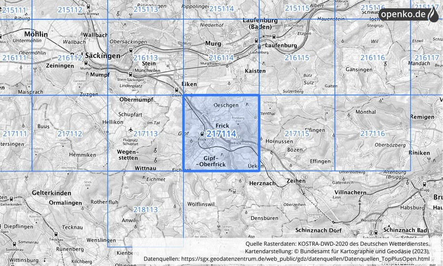 Übersichtskarte des KOSTRA-DWD-2020-Rasterfeldes Nr. 217114