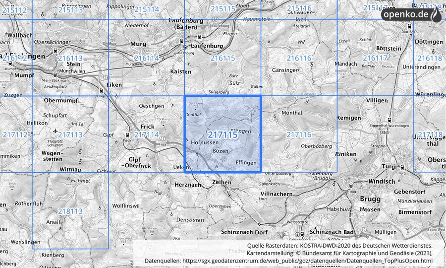 Übersichtskarte des KOSTRA-DWD-2020-Rasterfeldes Nr. 217115
