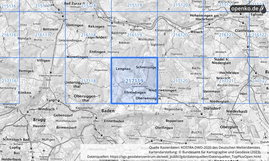 Übersichtskarte des KOSTRA-DWD-2020-Rasterfeldes Nr. 217119