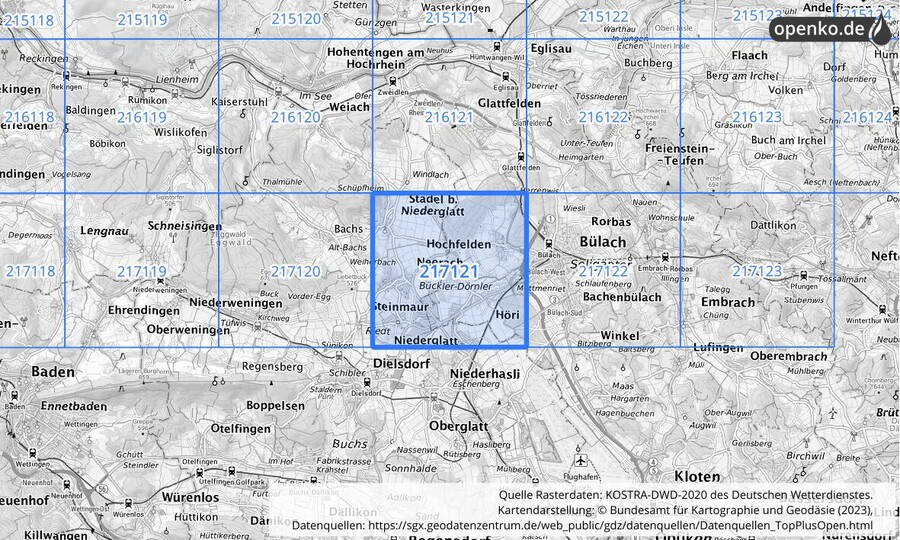 Übersichtskarte des KOSTRA-DWD-2020-Rasterfeldes Nr. 217121