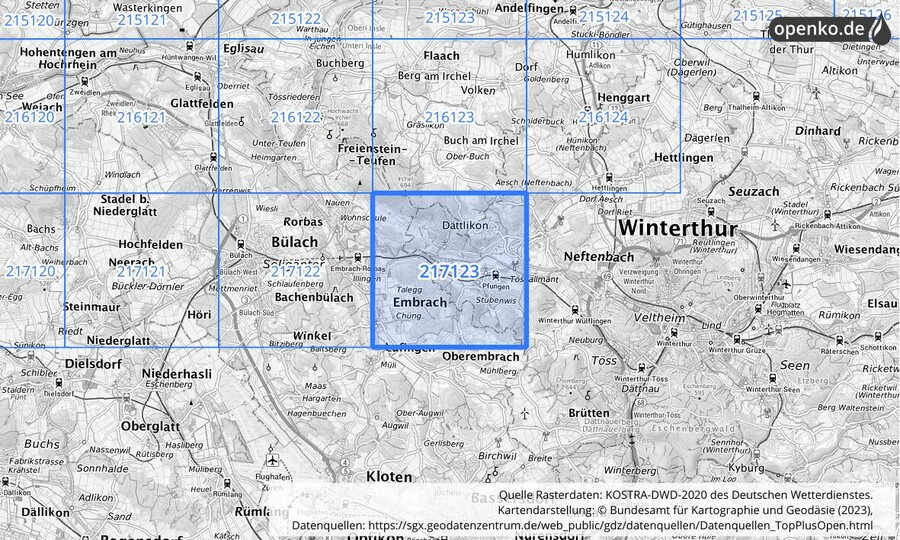 Übersichtskarte des KOSTRA-DWD-2020-Rasterfeldes Nr. 217123