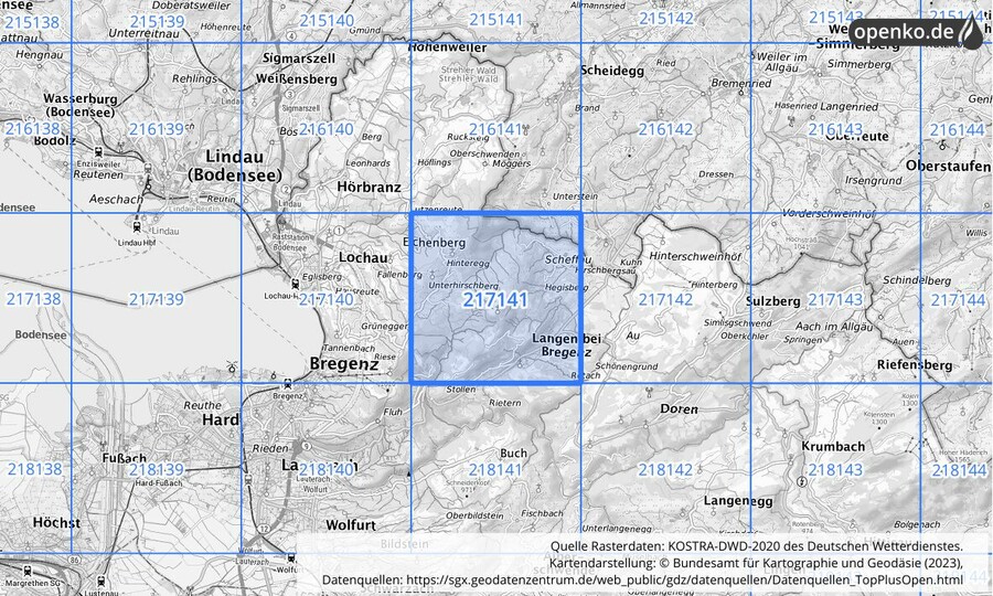 Übersichtskarte des KOSTRA-DWD-2020-Rasterfeldes Nr. 217141