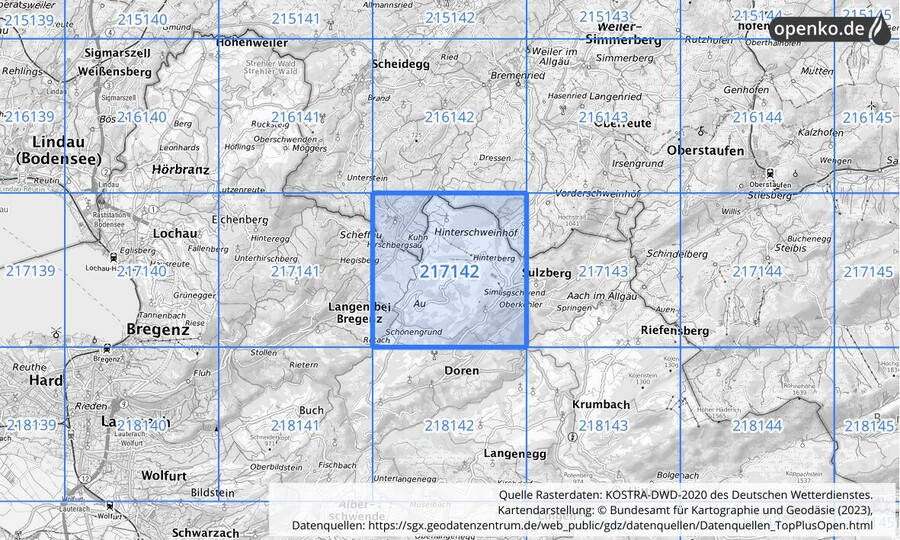 Übersichtskarte des KOSTRA-DWD-2020-Rasterfeldes Nr. 217142