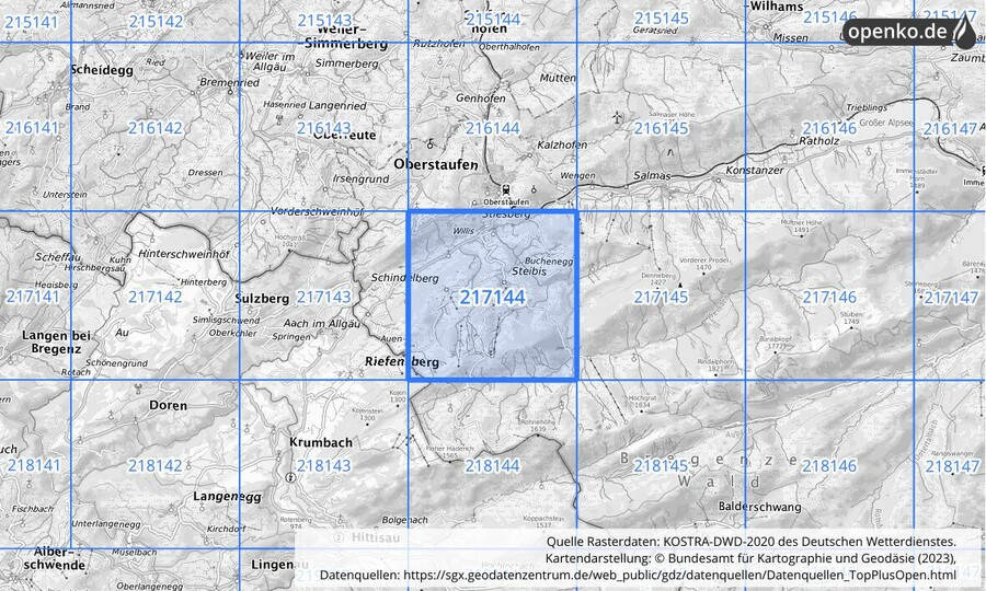 Übersichtskarte des KOSTRA-DWD-2020-Rasterfeldes Nr. 217144