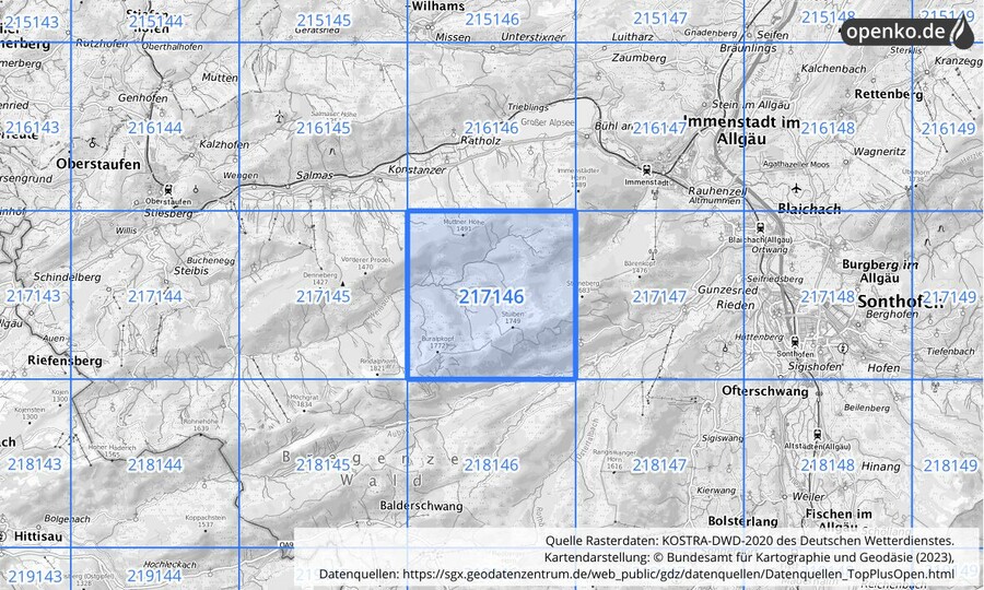 Übersichtskarte des KOSTRA-DWD-2020-Rasterfeldes Nr. 217146