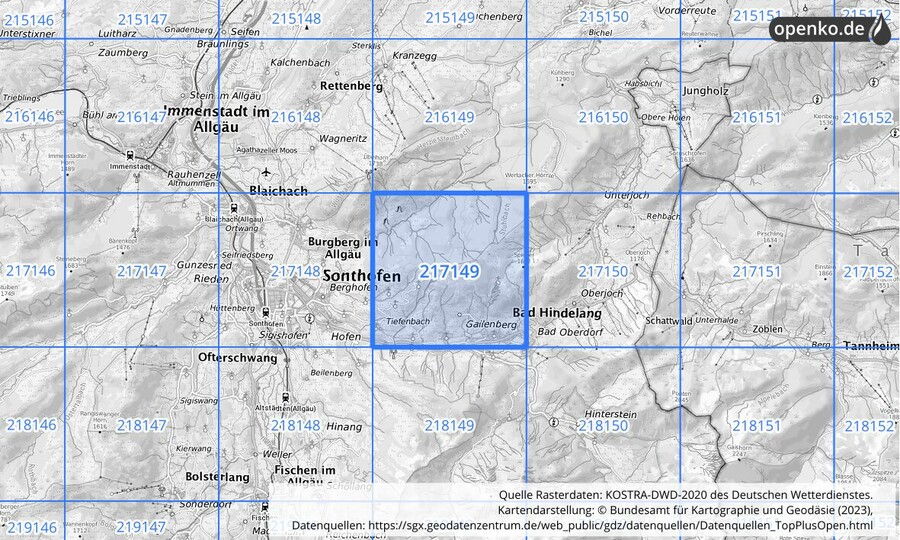 Übersichtskarte des KOSTRA-DWD-2020-Rasterfeldes Nr. 217149