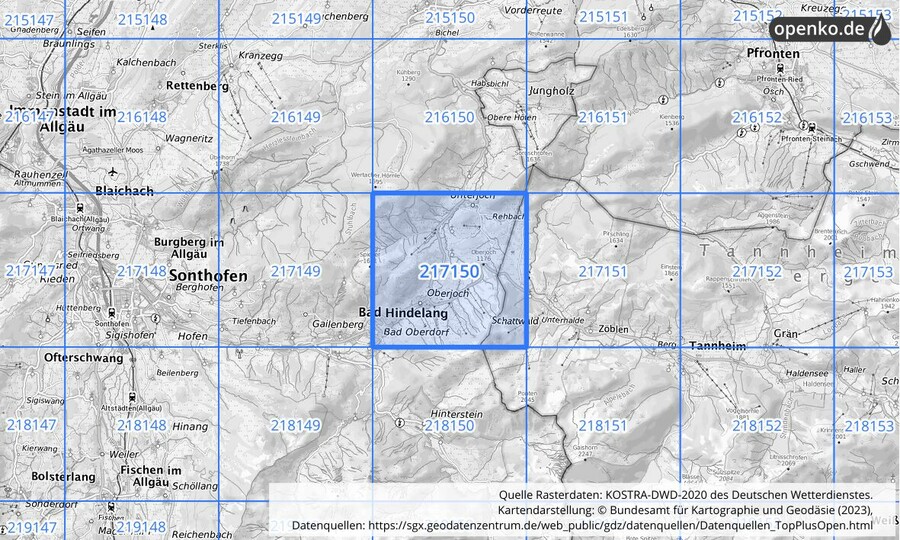 Übersichtskarte des KOSTRA-DWD-2020-Rasterfeldes Nr. 217150