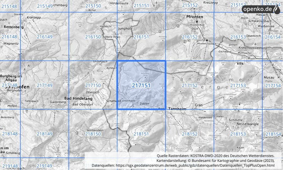 Übersichtskarte des KOSTRA-DWD-2020-Rasterfeldes Nr. 217151