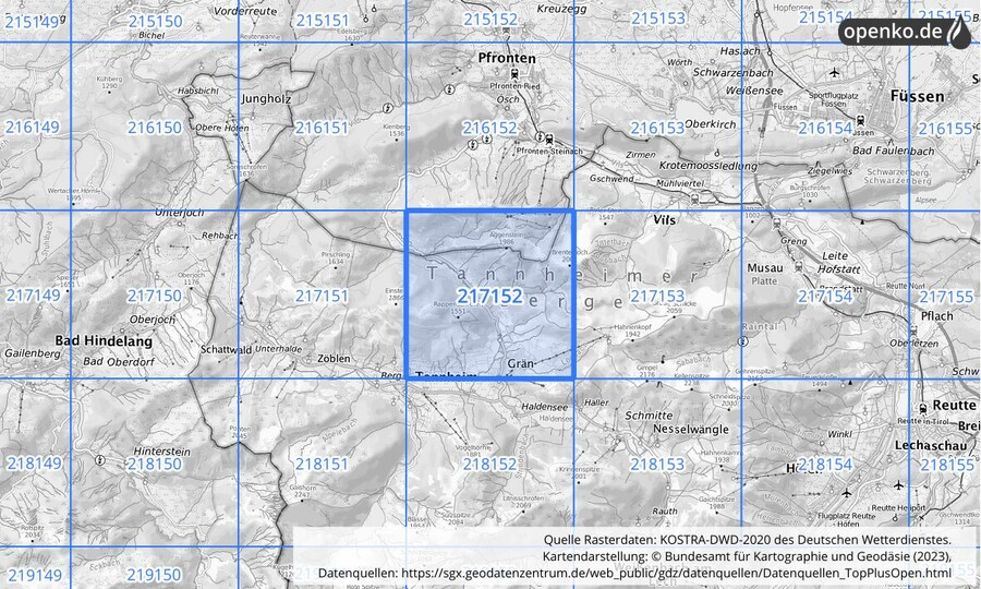 Übersichtskarte des KOSTRA-DWD-2020-Rasterfeldes Nr. 217152