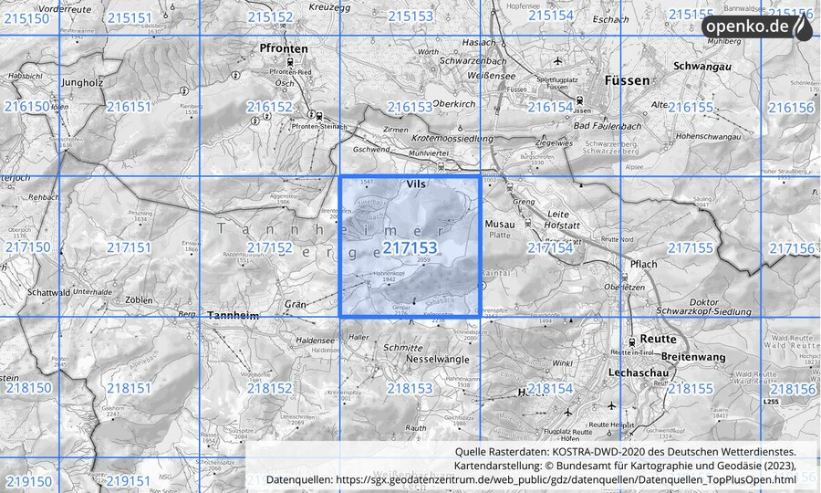 Übersichtskarte des KOSTRA-DWD-2020-Rasterfeldes Nr. 217153