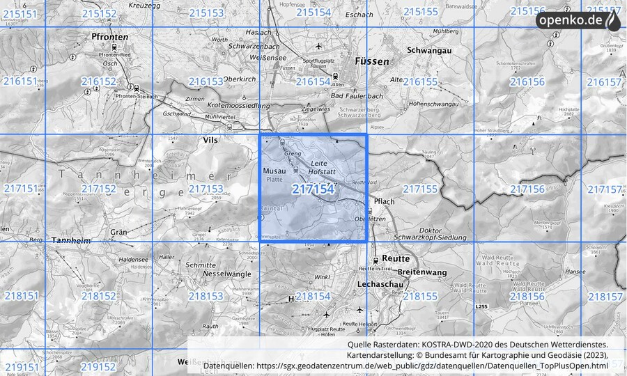 Übersichtskarte des KOSTRA-DWD-2020-Rasterfeldes Nr. 217154