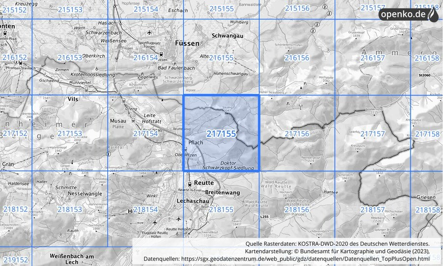 Übersichtskarte des KOSTRA-DWD-2020-Rasterfeldes Nr. 217155