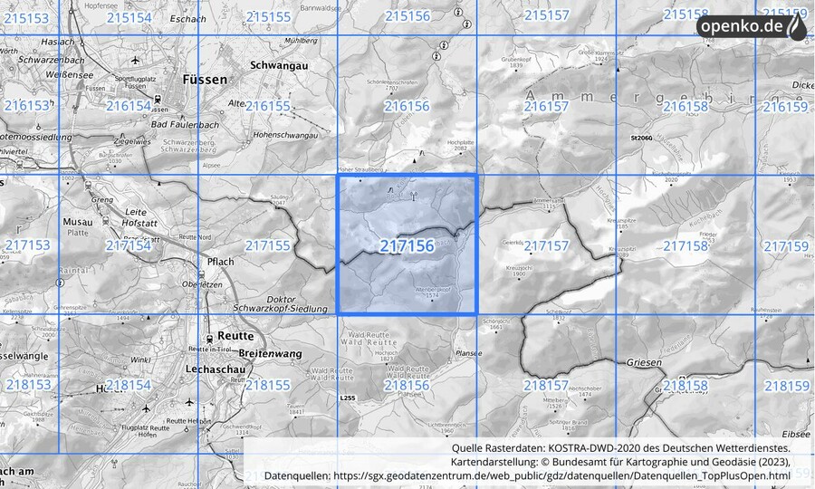 Übersichtskarte des KOSTRA-DWD-2020-Rasterfeldes Nr. 217156