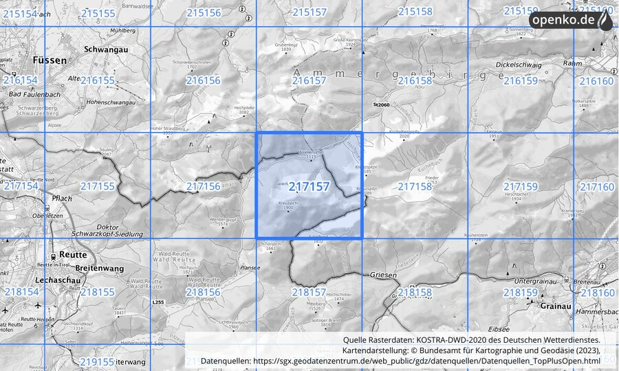 Übersichtskarte des KOSTRA-DWD-2020-Rasterfeldes Nr. 217157