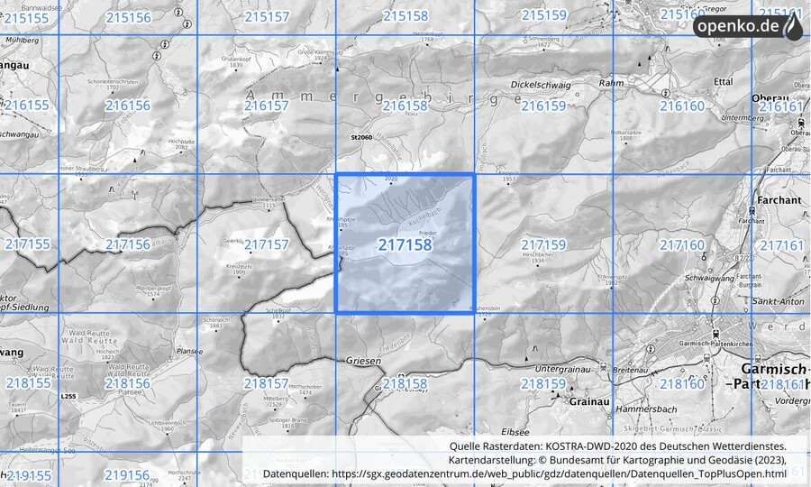 Übersichtskarte des KOSTRA-DWD-2020-Rasterfeldes Nr. 217158