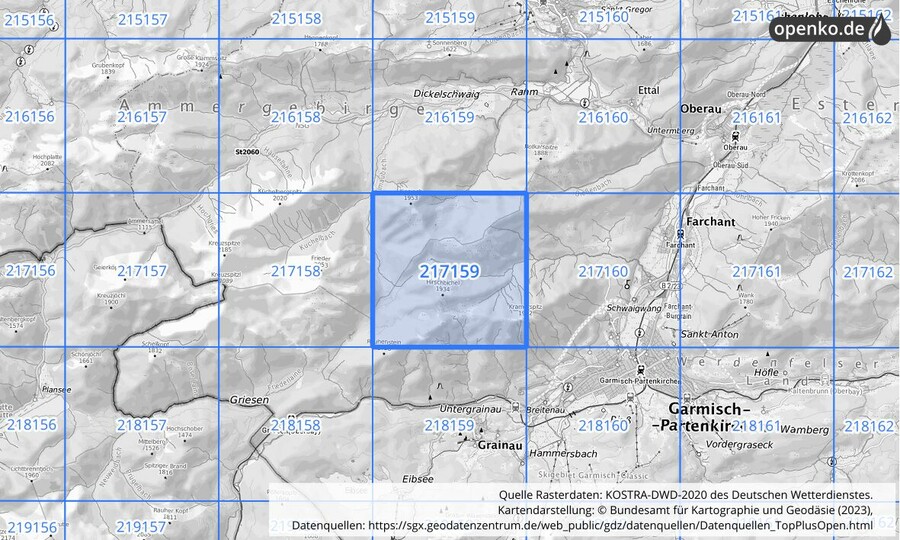 Übersichtskarte des KOSTRA-DWD-2020-Rasterfeldes Nr. 217159