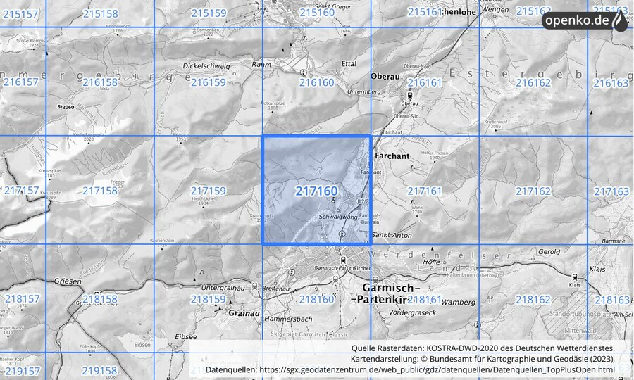 Übersichtskarte des KOSTRA-DWD-2020-Rasterfeldes Nr. 217160