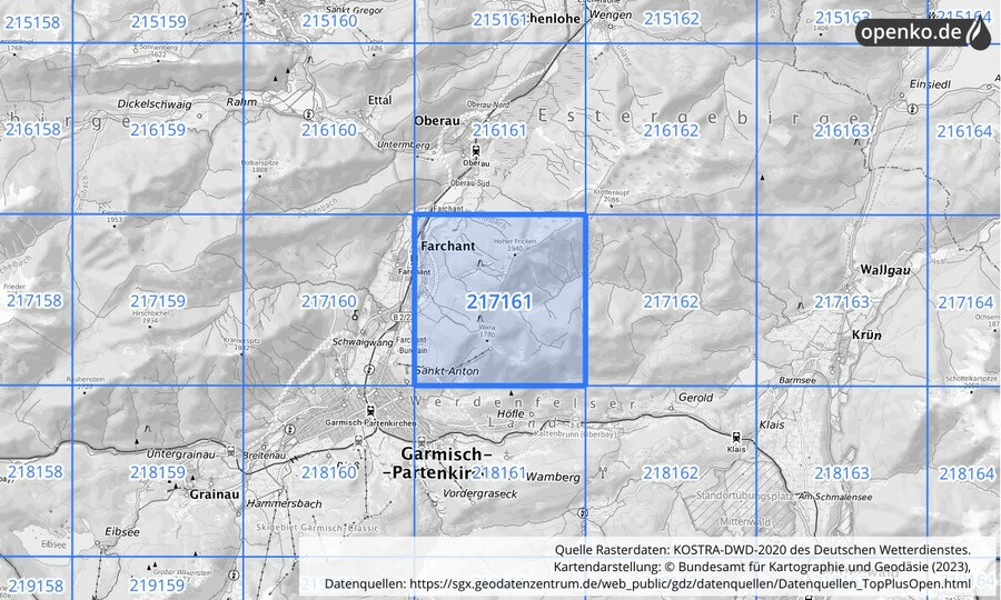 Übersichtskarte des KOSTRA-DWD-2020-Rasterfeldes Nr. 217161