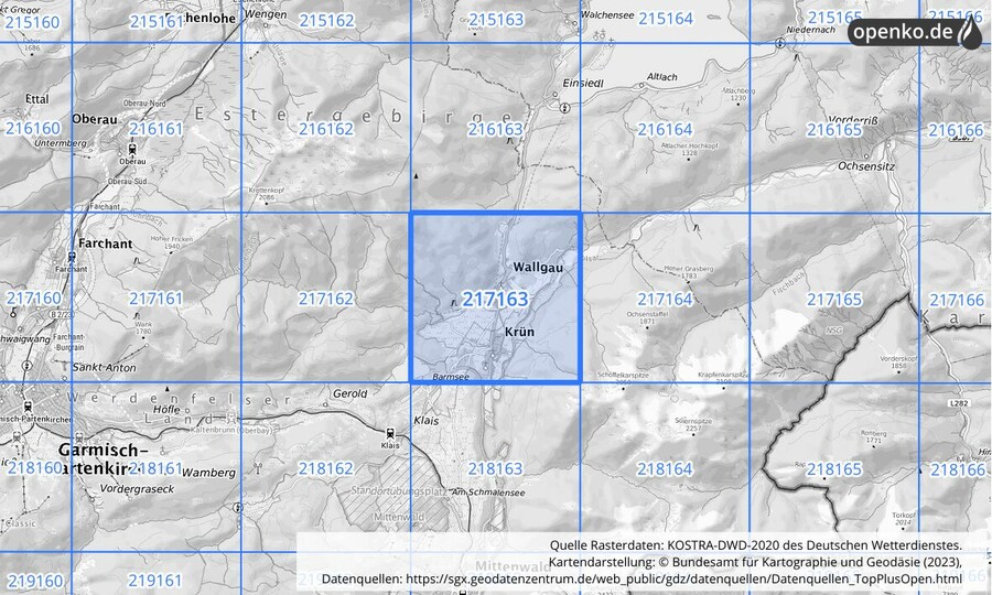 Übersichtskarte des KOSTRA-DWD-2020-Rasterfeldes Nr. 217163