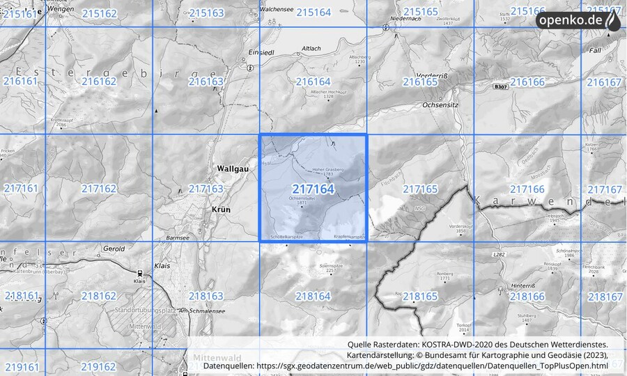 Übersichtskarte des KOSTRA-DWD-2020-Rasterfeldes Nr. 217164