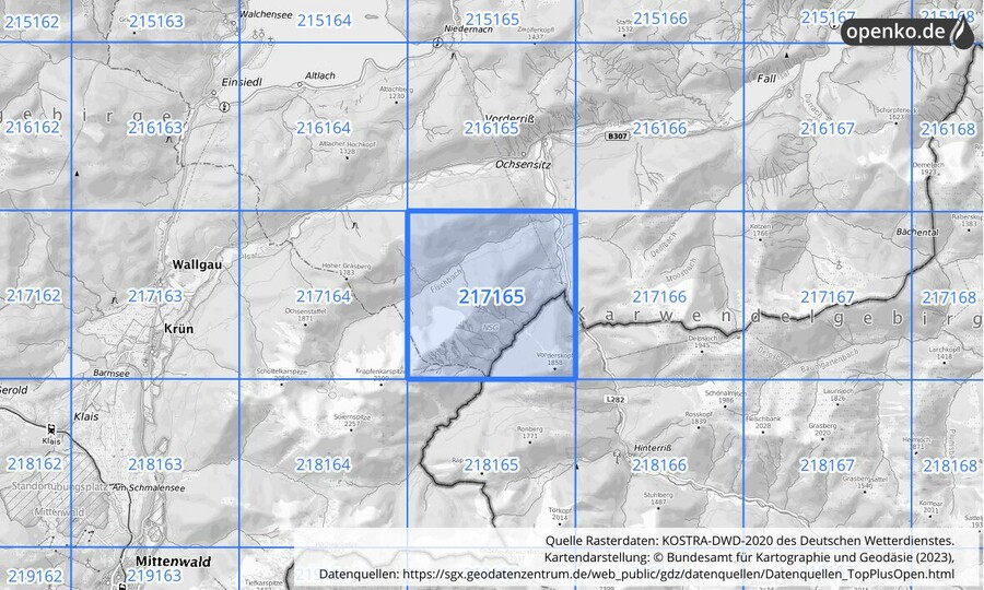 Übersichtskarte des KOSTRA-DWD-2020-Rasterfeldes Nr. 217165