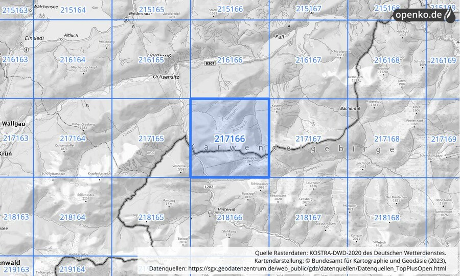 Übersichtskarte des KOSTRA-DWD-2020-Rasterfeldes Nr. 217166