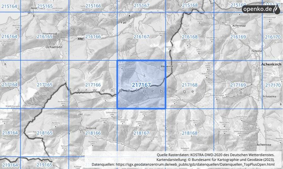 Übersichtskarte des KOSTRA-DWD-2020-Rasterfeldes Nr. 217167