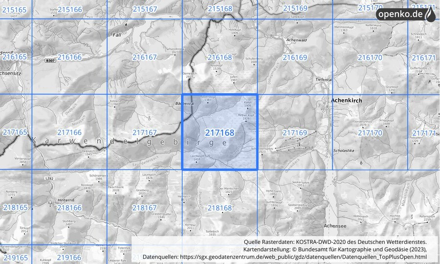 Übersichtskarte des KOSTRA-DWD-2020-Rasterfeldes Nr. 217168