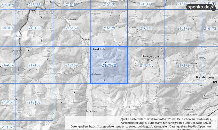 Übersichtskarte des KOSTRA-DWD-2020-Rasterfeldes Nr. 217170