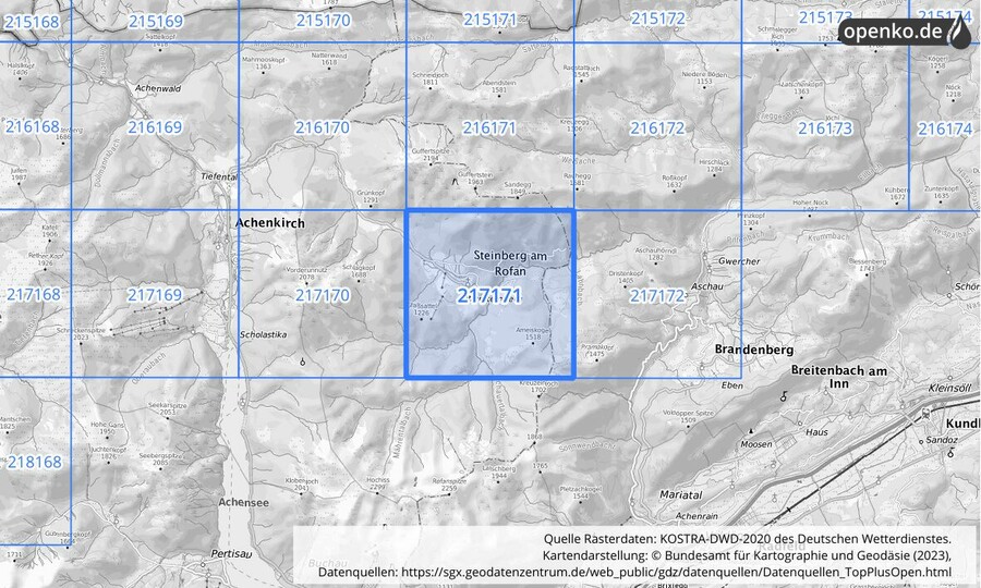 Übersichtskarte des KOSTRA-DWD-2020-Rasterfeldes Nr. 217171