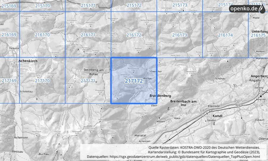 Übersichtskarte des KOSTRA-DWD-2020-Rasterfeldes Nr. 217172