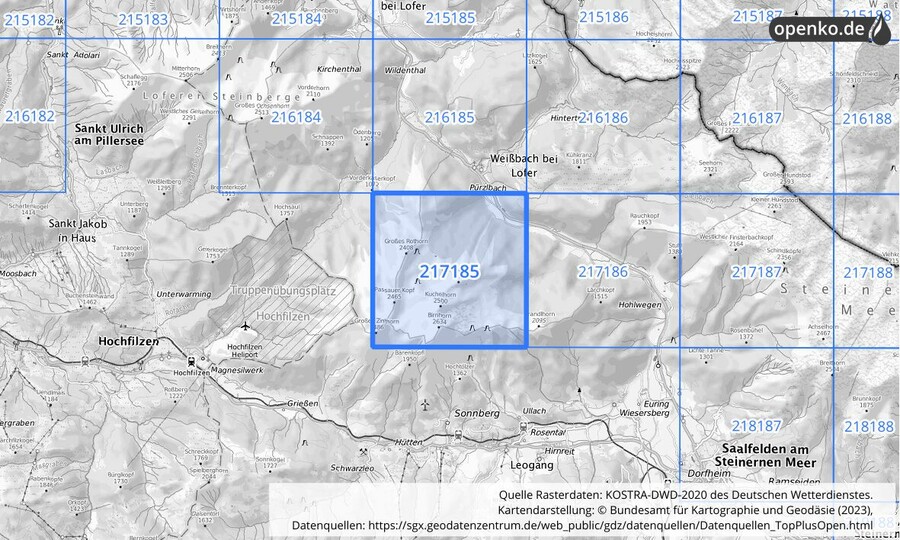 Übersichtskarte des KOSTRA-DWD-2020-Rasterfeldes Nr. 217185