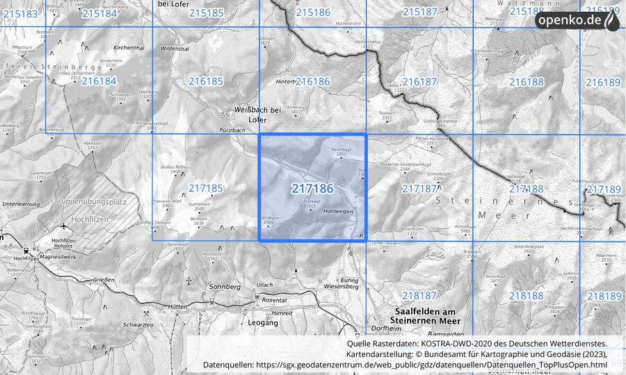 Übersichtskarte des KOSTRA-DWD-2020-Rasterfeldes Nr. 217186