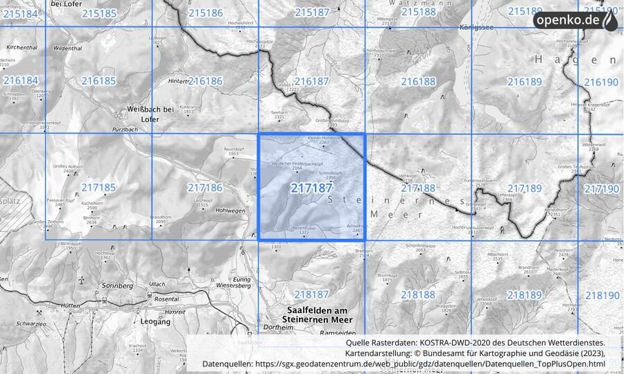 Übersichtskarte des KOSTRA-DWD-2020-Rasterfeldes Nr. 217187