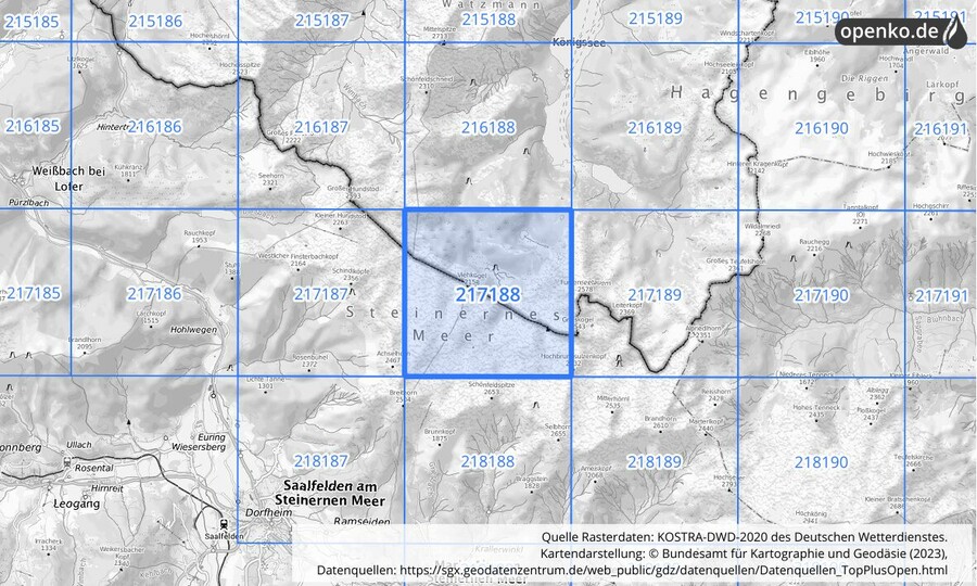Übersichtskarte des KOSTRA-DWD-2020-Rasterfeldes Nr. 217188