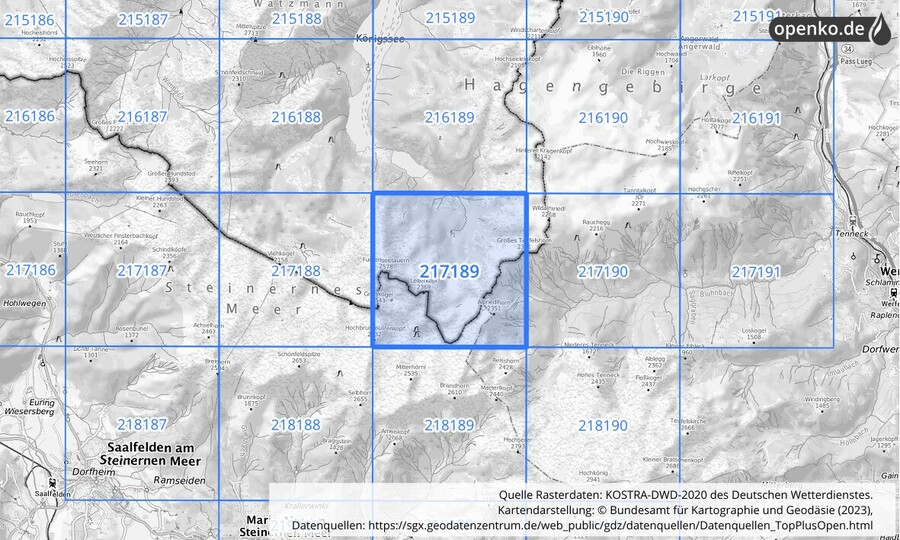 Übersichtskarte des KOSTRA-DWD-2020-Rasterfeldes Nr. 217189