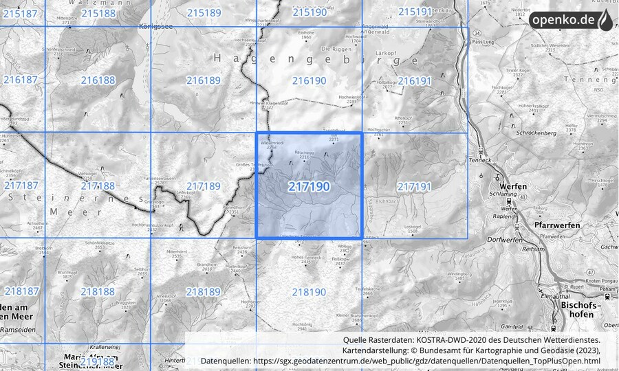 Übersichtskarte des KOSTRA-DWD-2020-Rasterfeldes Nr. 217190