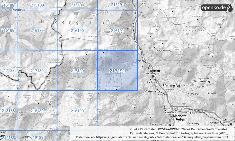 Übersichtskarte des KOSTRA-DWD-2020-Rasterfeldes Nr. 217191