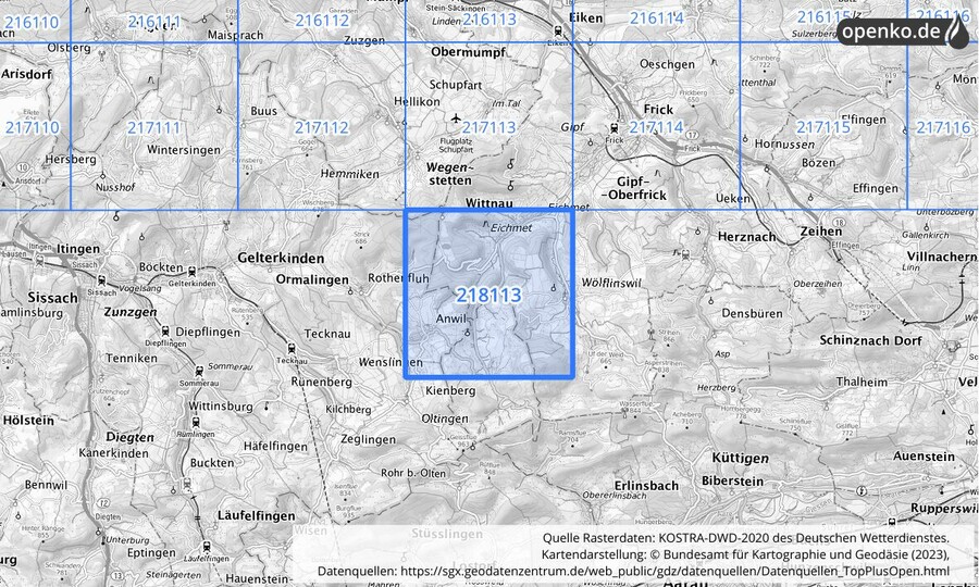 Übersichtskarte des KOSTRA-DWD-2020-Rasterfeldes Nr. 218113