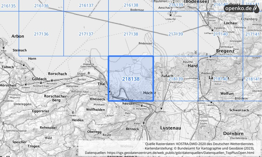 Übersichtskarte des KOSTRA-DWD-2020-Rasterfeldes Nr. 218138