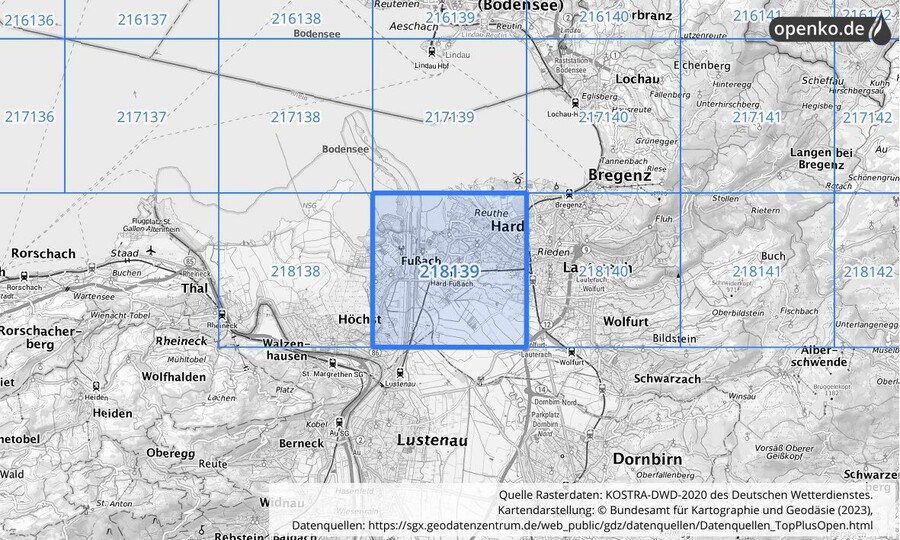 Übersichtskarte des KOSTRA-DWD-2020-Rasterfeldes Nr. 218139