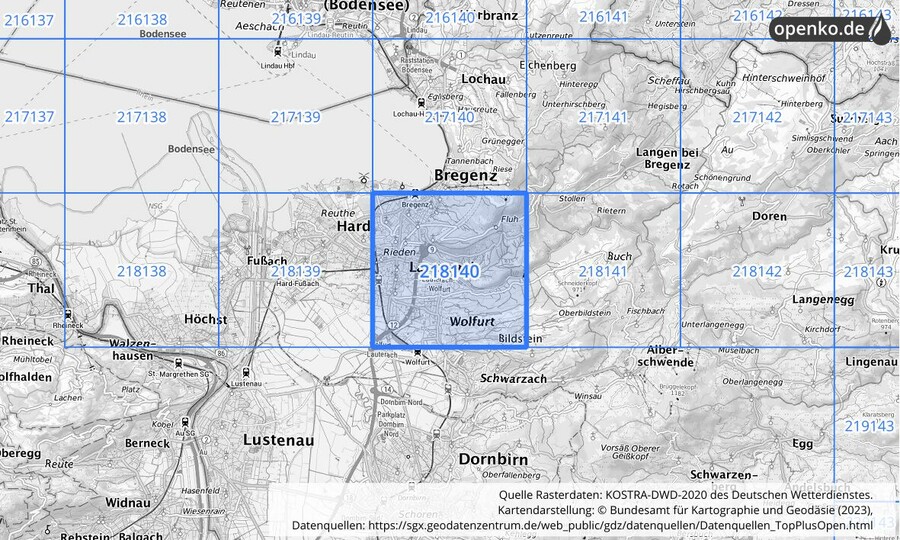 Übersichtskarte des KOSTRA-DWD-2020-Rasterfeldes Nr. 218140