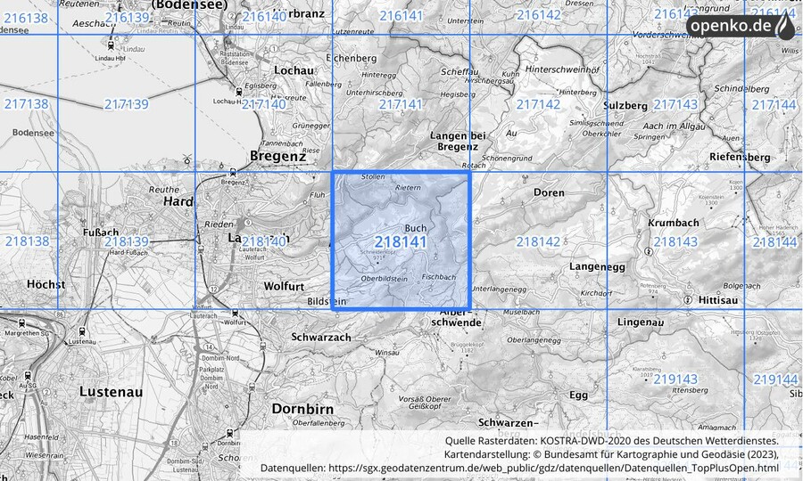 Übersichtskarte des KOSTRA-DWD-2020-Rasterfeldes Nr. 218141