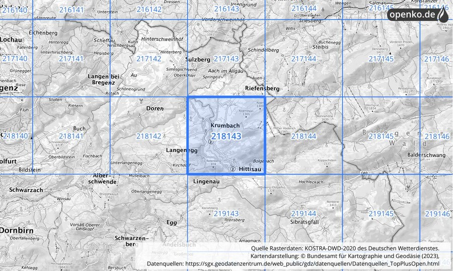 Übersichtskarte des KOSTRA-DWD-2020-Rasterfeldes Nr. 218143