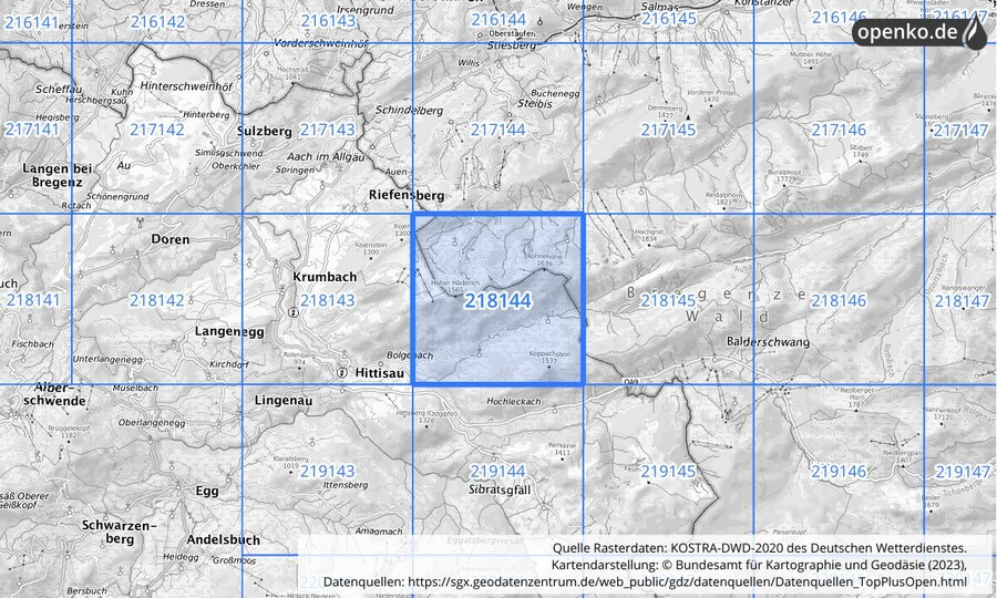 Übersichtskarte des KOSTRA-DWD-2020-Rasterfeldes Nr. 218144