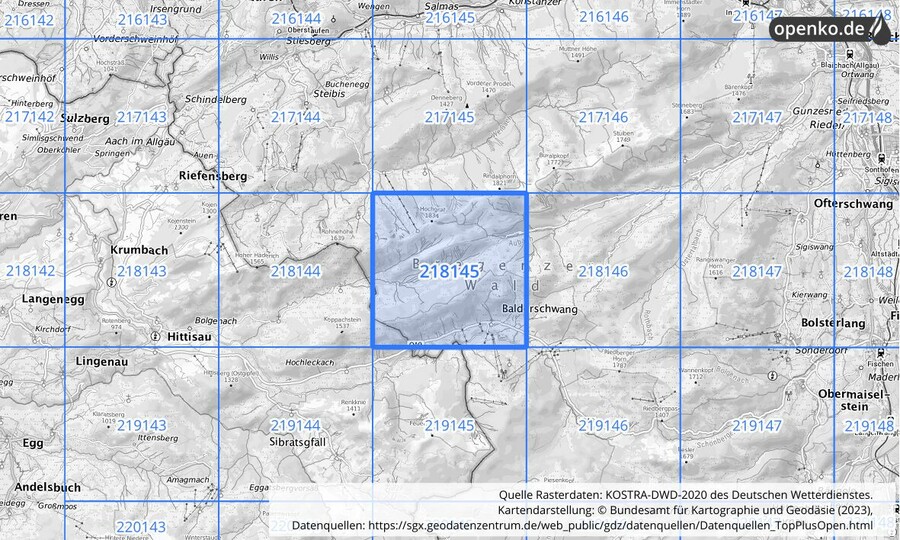 Übersichtskarte des KOSTRA-DWD-2020-Rasterfeldes Nr. 218145