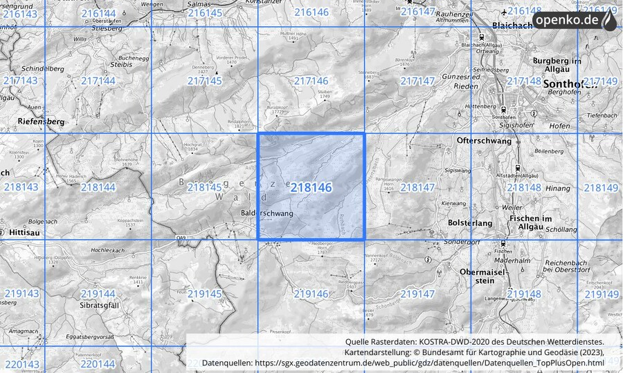 Übersichtskarte des KOSTRA-DWD-2020-Rasterfeldes Nr. 218146