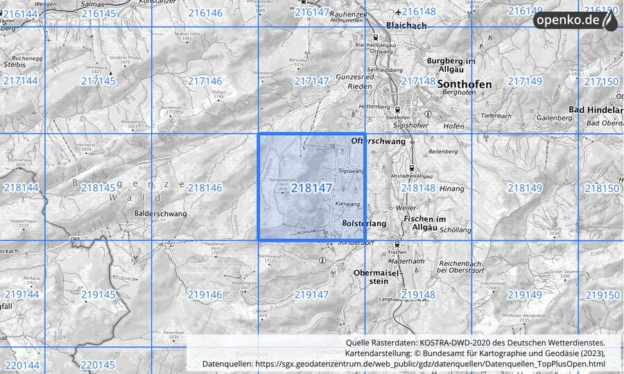 Übersichtskarte des KOSTRA-DWD-2020-Rasterfeldes Nr. 218147