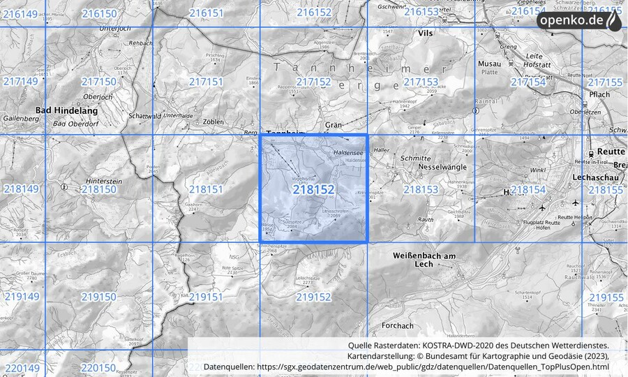 Übersichtskarte des KOSTRA-DWD-2020-Rasterfeldes Nr. 218152